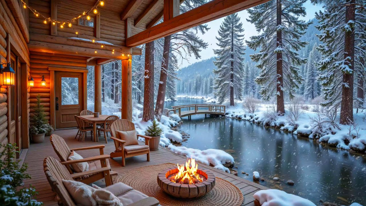 Serene Winter Riverside Cabin Porch ❄️🔥 Soft Piano Music, Crackling Fire for Deep Relaxation