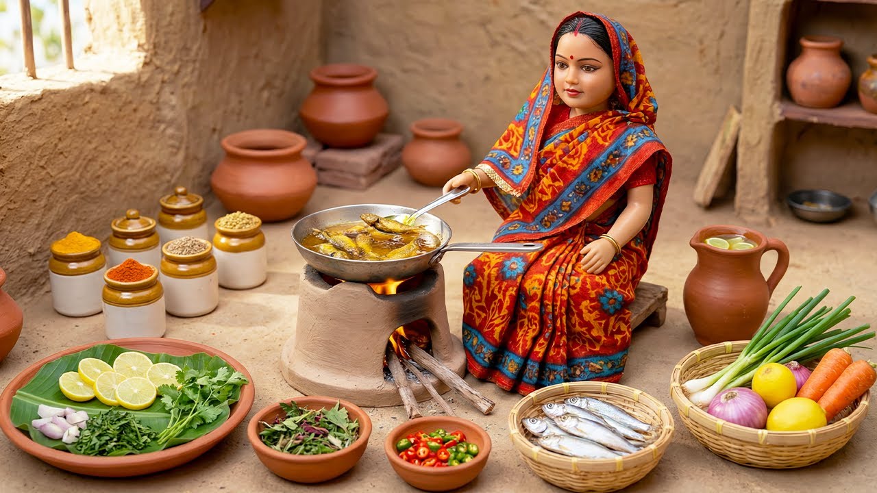 Miniature Doll Cooking ASMR | Hometown Flavor Machhli Fry 🐟🔥 | Peaceful Indian Village Life