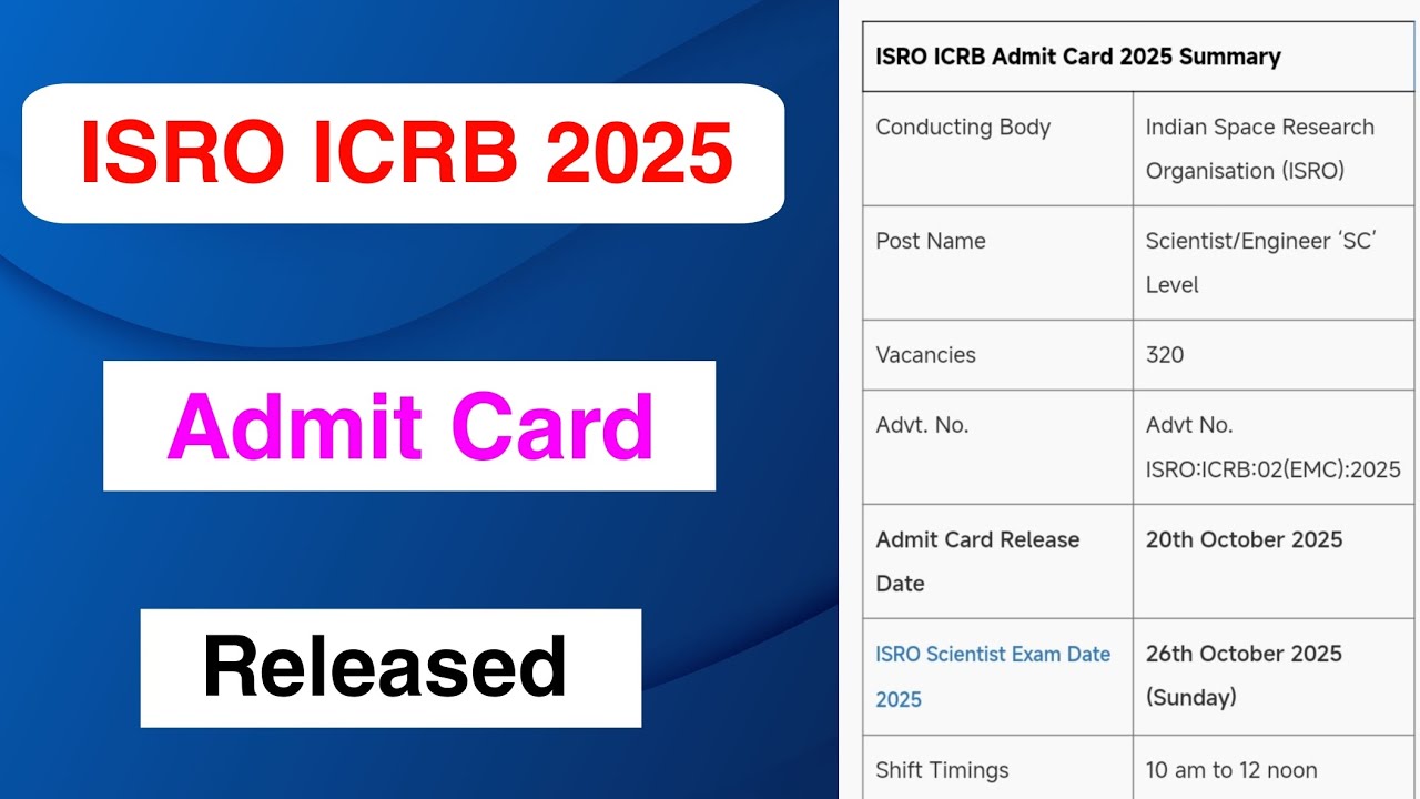 ISRO ICRB 2025 Admit Card Released | ISRO ICRB 2025 Admit Card Out | MDE