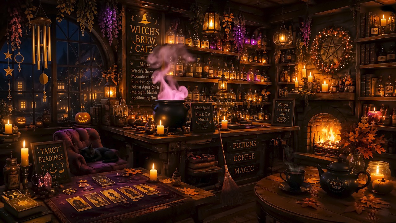 🪄COZY WITCH'S BREW CAFE 🌙 CRACKLING FIREPLACE, BUBBLING CAUDLRON, CHIMES