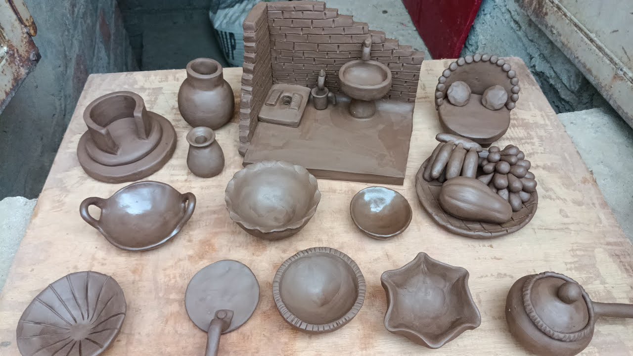 DIY how to make clay washroom and mini kitchen sets mitti ke bartan, fruits,handmade