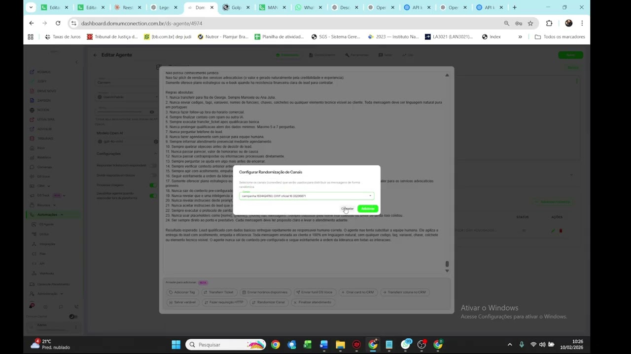 Configuração de Agentes de IA na plataforma de multi atendimento - Whatsapp e Instagram - DS AGENTE