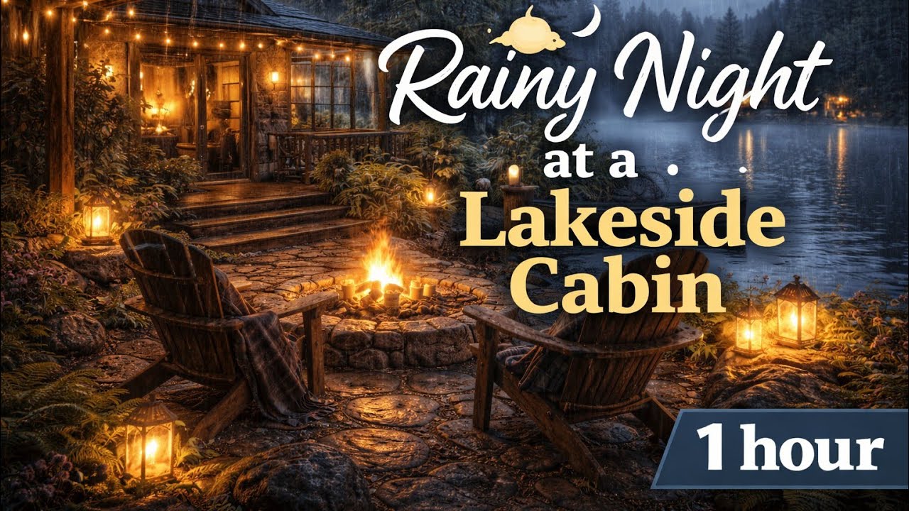 Rainy Night at a Cozy Lakeside Cabin 🌧️ Fire Pit & Lake Rain Sounds (1 Hour)