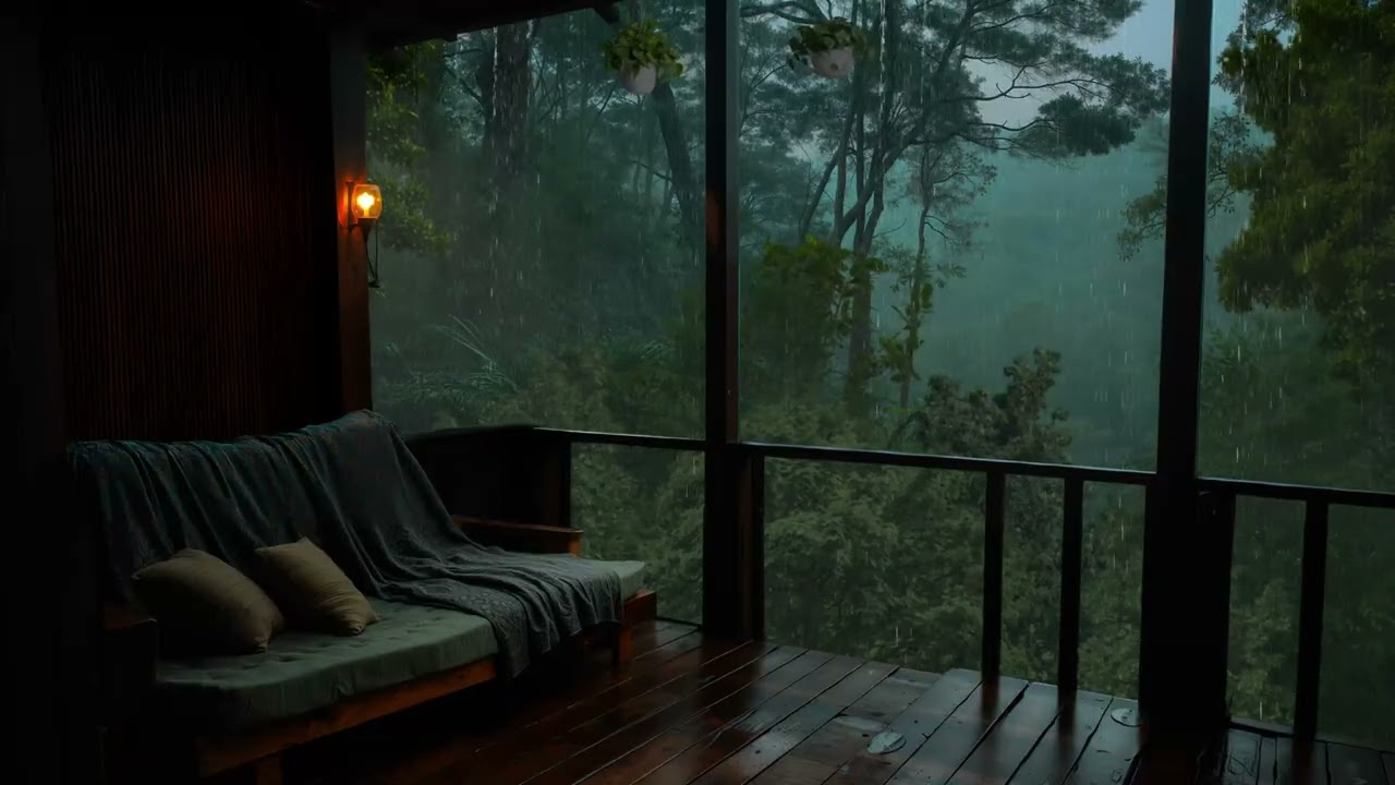 Sitting on Balcony with Rainstorm in The Forest | Calm and Peaceful Forest with Thunder sounds
