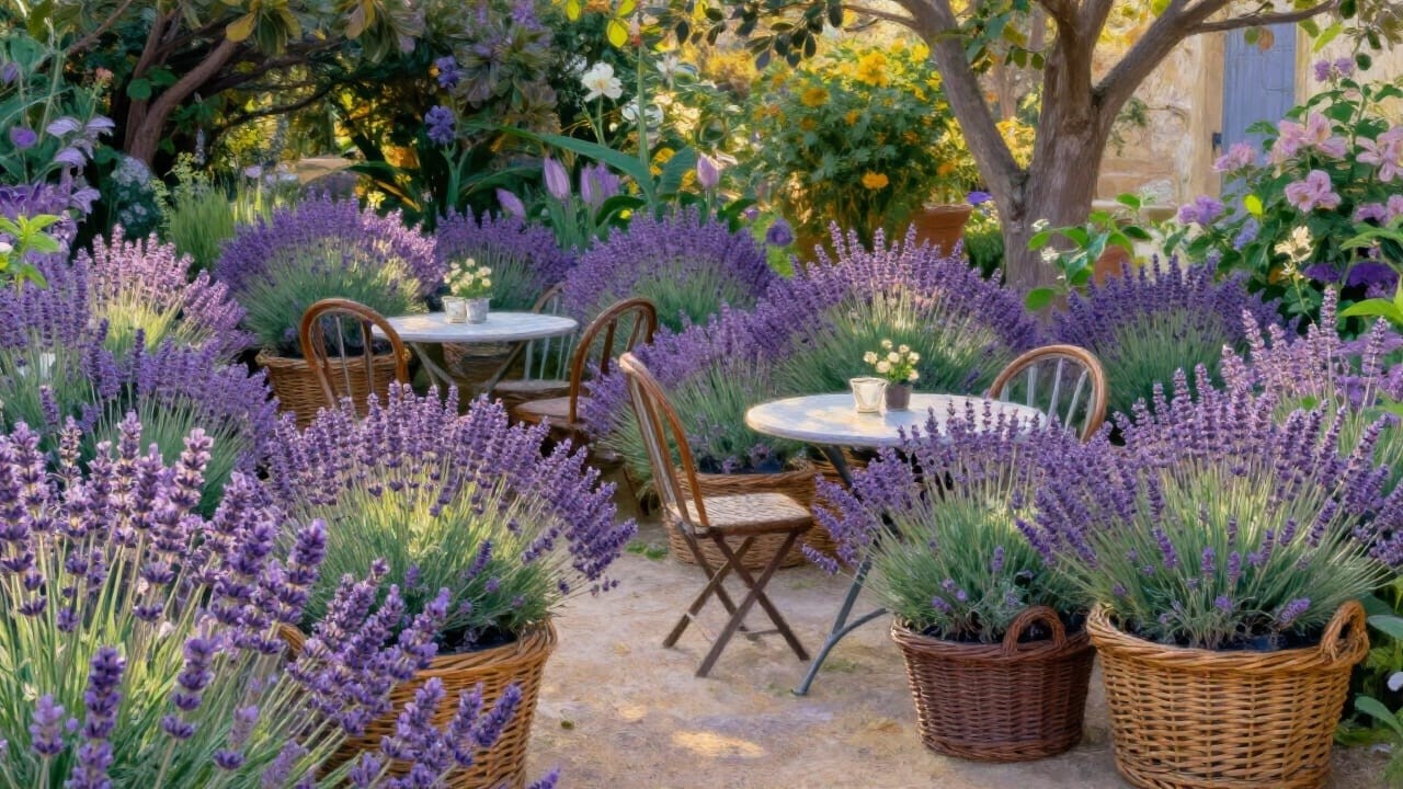 Lavender Baskets by French Bistro Tables | Calm Slow Living Ambience