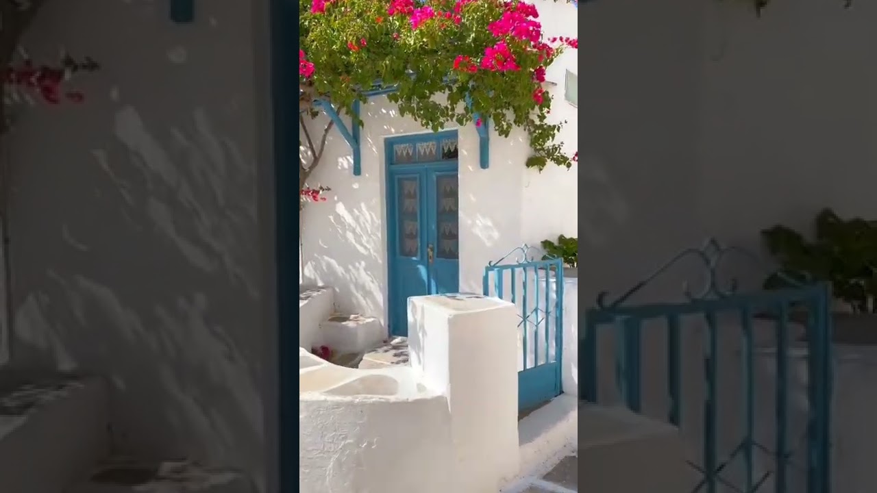 Greek house with blue door with bougainvillea flowers on Antiparos island. #greece #shorts #nature