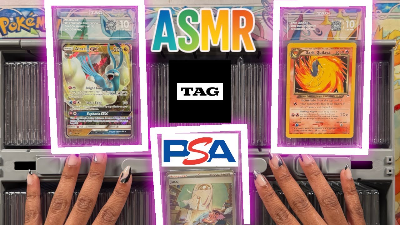 Pokemon ASMR 🎆 🩷 Personal Collection PSA and TAG 10s ❤️ 🎇 Tapping, Sleeving Slabs; Whispers