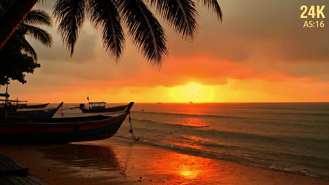 24/7 LIVE 🌊 Ocean Rain at Golden Sunset | Relaxing Waves & Rain Sounds Ultra HD