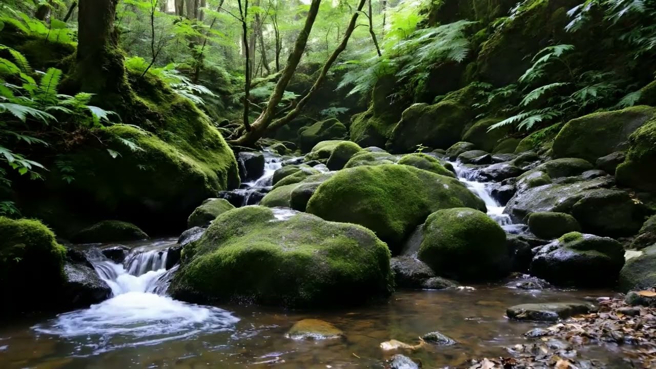Gentle Flowing Forest Stream Over Mossy Stones for Relaxation