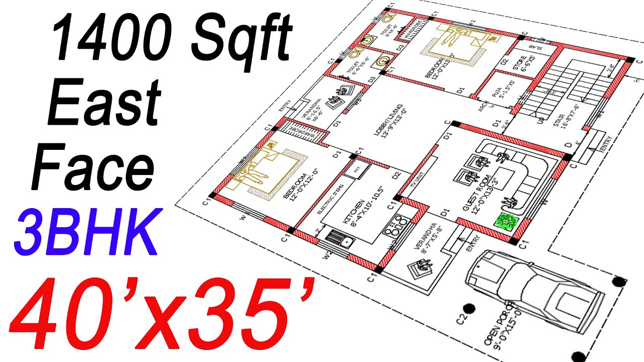 40X35 House Plans East Facing | 1400 Sqft House Design | 155 Gaj | 3BHK | 40 by 35 ka Ghar ka Naksha