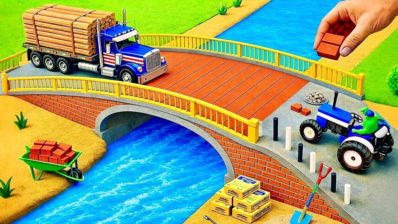 DIY Mini Truck Builds Brick & Metal Railing Bridge | Fun Construction Science Project