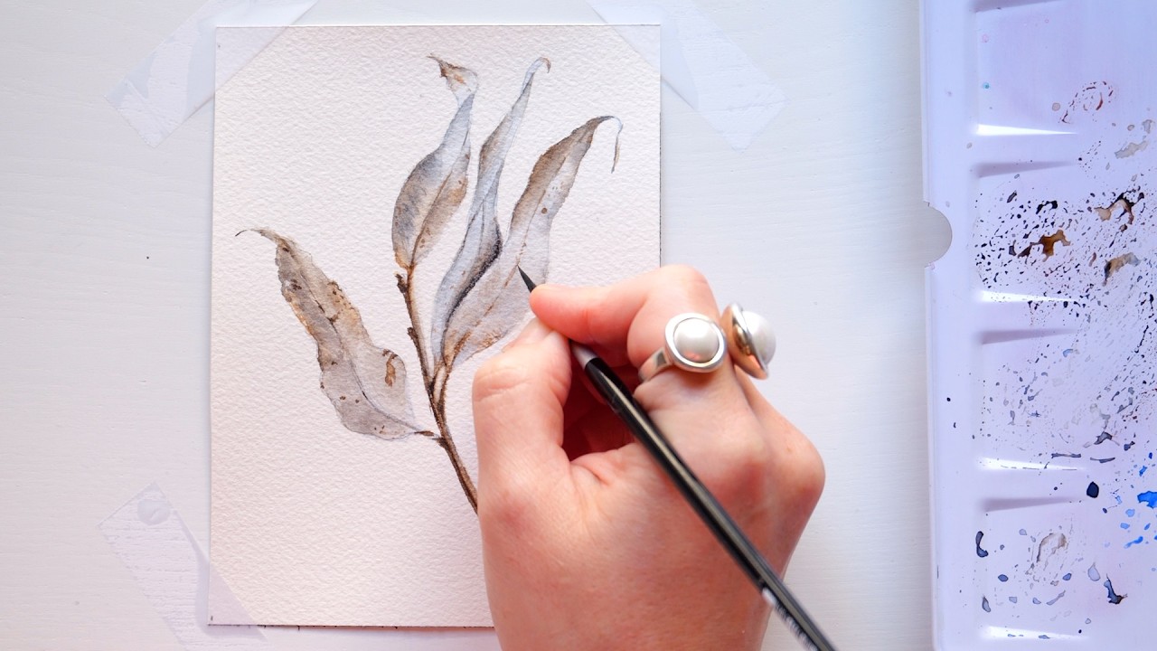 How to paint Realistic branch with Eucalyptus leaves in Watercolor