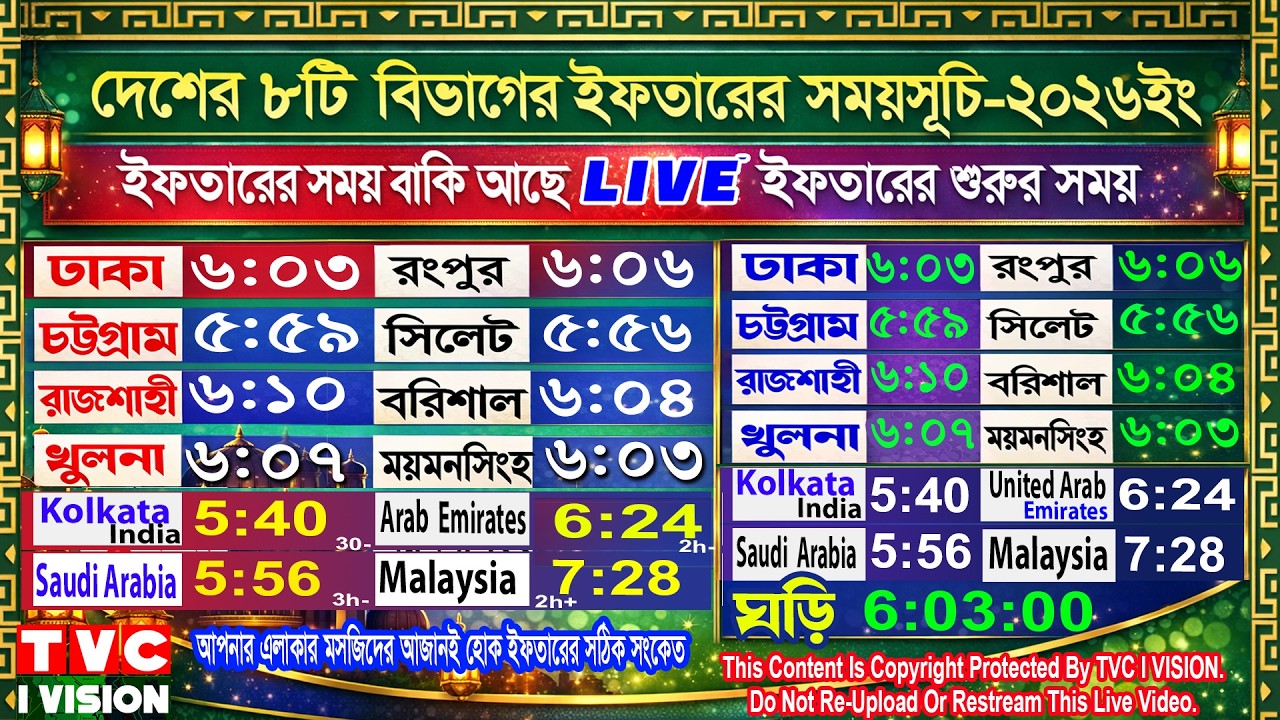 🔴Live Day 12 | আজকের ইফতার ও সেহরির সময়সূচি – ঢাকা ও পার্শ্ববর্তী এলাকা | কোরআন তেলাওয়াত লাইভ ২০২৬