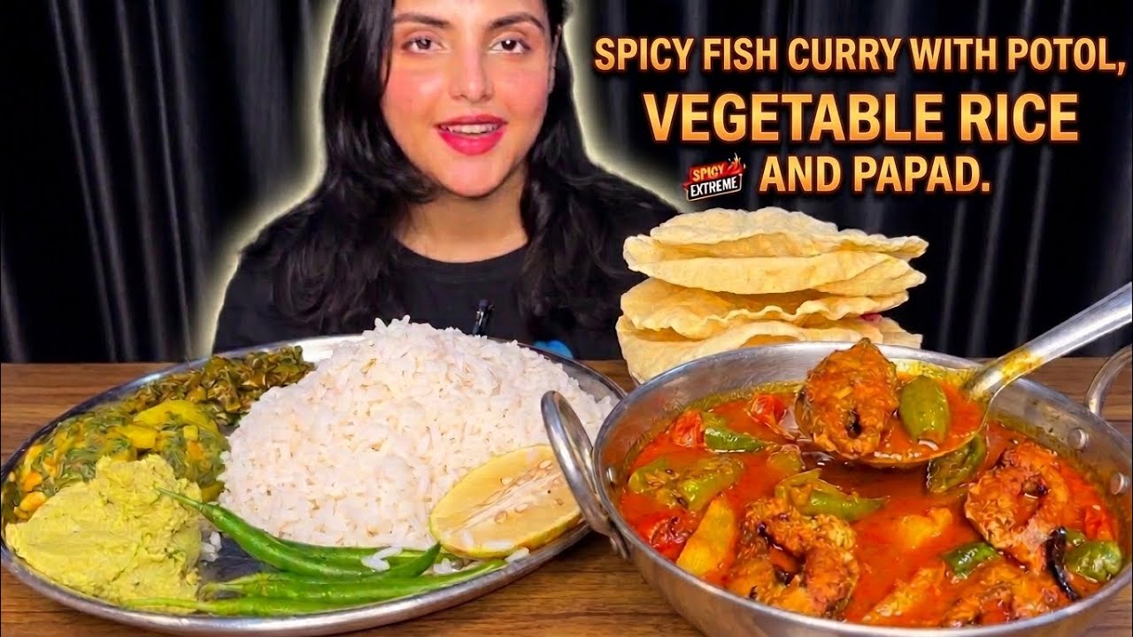 Eating Rice, Spicy Fish Curry, Veggies, Papad | Mukbang Eating Show| ASMR