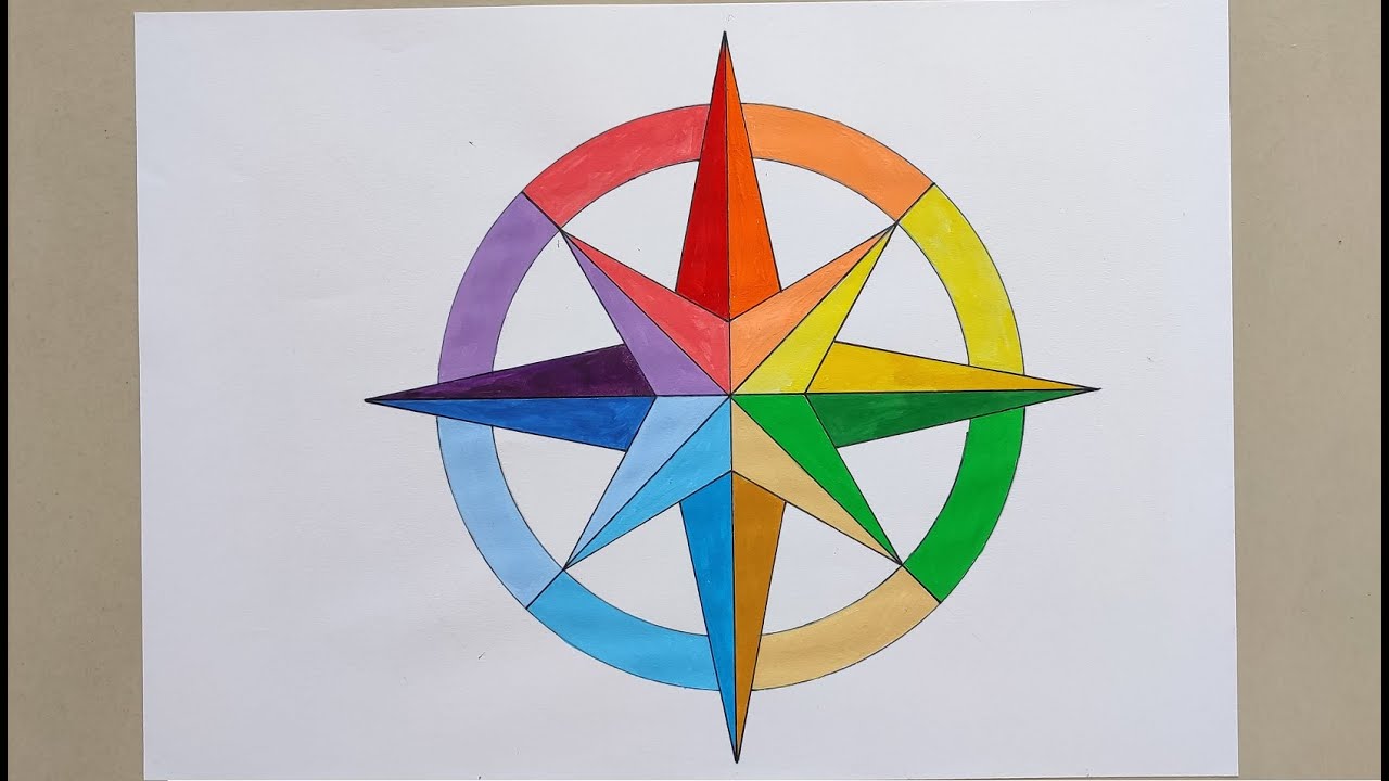 Rainbow Compass Rose || Geometric Compass || How to draw Compass with step by step Guidance