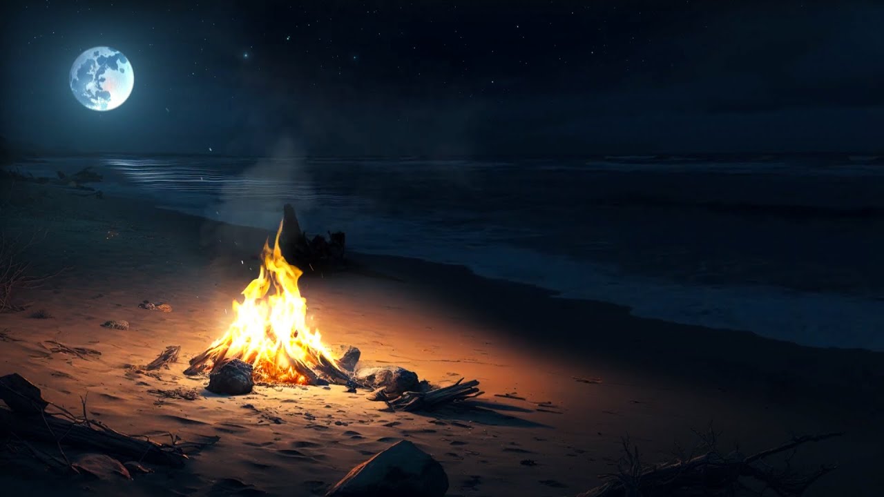 🔥 Beach Bonfire Ambience | Ocean Waves | Beach Night 🌊