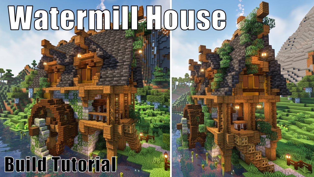 Домик с водяной мельницей Minecraft | Средневековый дом с водяным колесом в стиле фэнтези