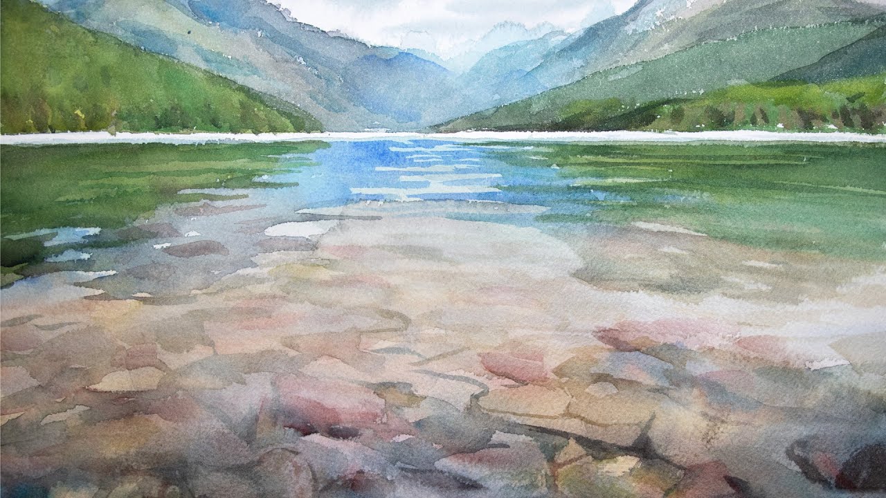 Watercolor painting water reflection and underwater rocks