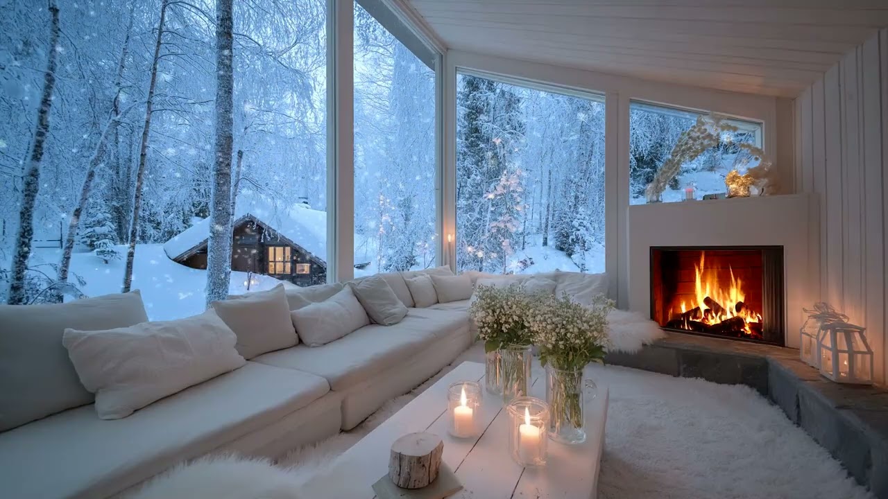 🧣🎹 Romantic Snowy Piano Lounge | Cozy White Interior & Fireplace | 5 Hours Deep Work Relax Mode