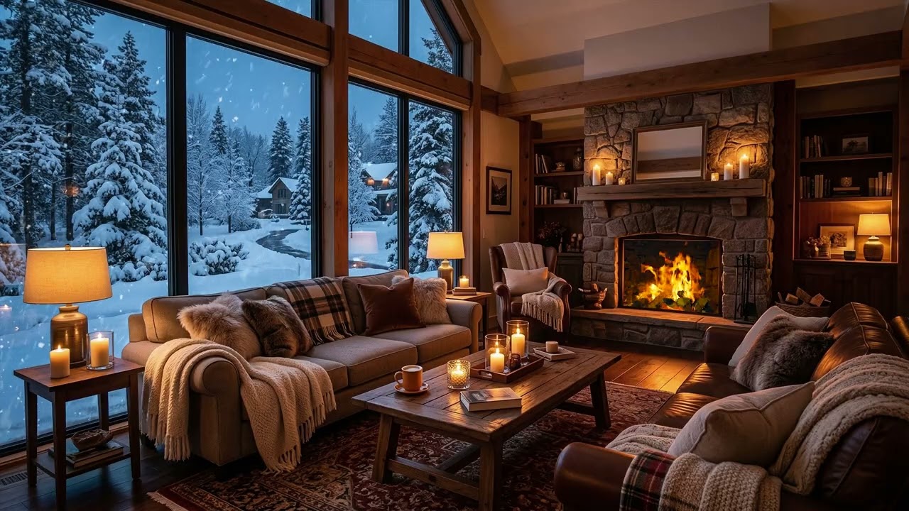 Warm Living Room 🏡 Fireplace Glow While Gentle Snow ❄️ Falls Beyond The Frosted Window