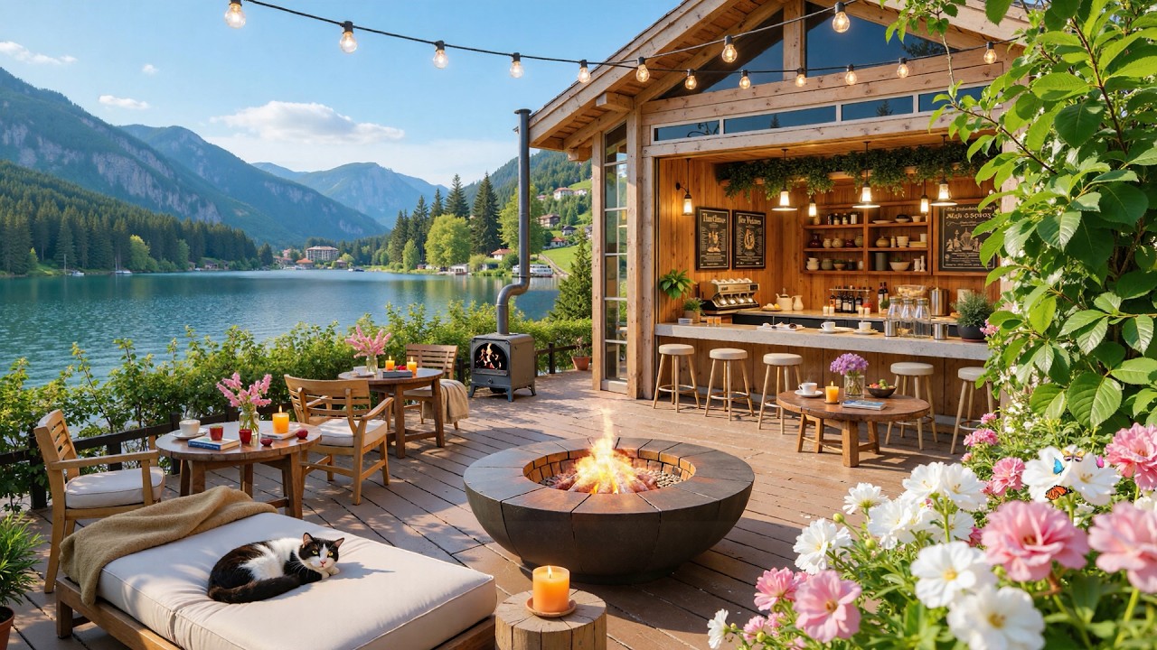 Relaxing Spring Jazz 🎷 Cozy Lakeside Terrace Café Atmosphere & Fireplace Ambience for Work