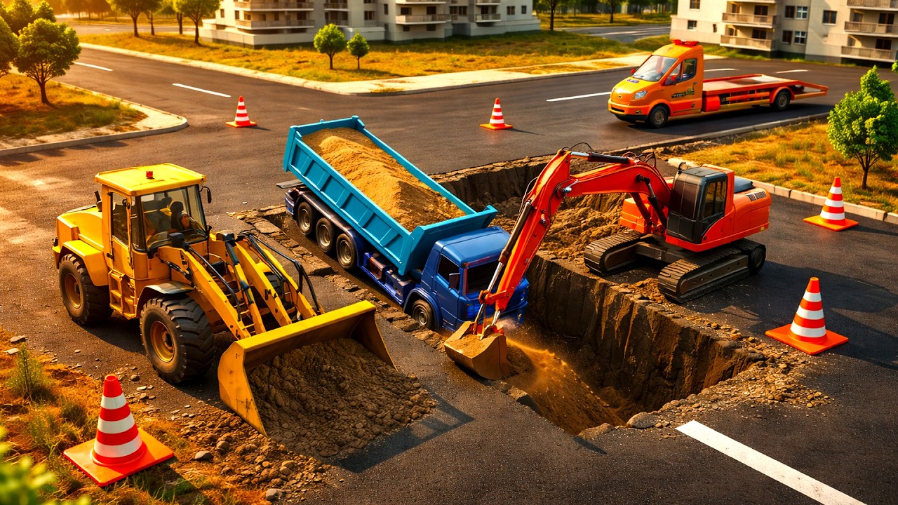 Heavy Machinery Road Repair 🚧🚜| Fixing Massive Sinkhole | Construction Vehicles Animation