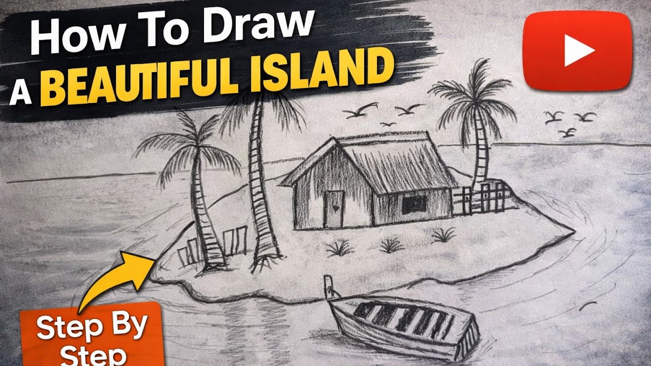 How To Draw A Beautiful Island Scenery | Step By Step Pencil Drawing Tutorial 