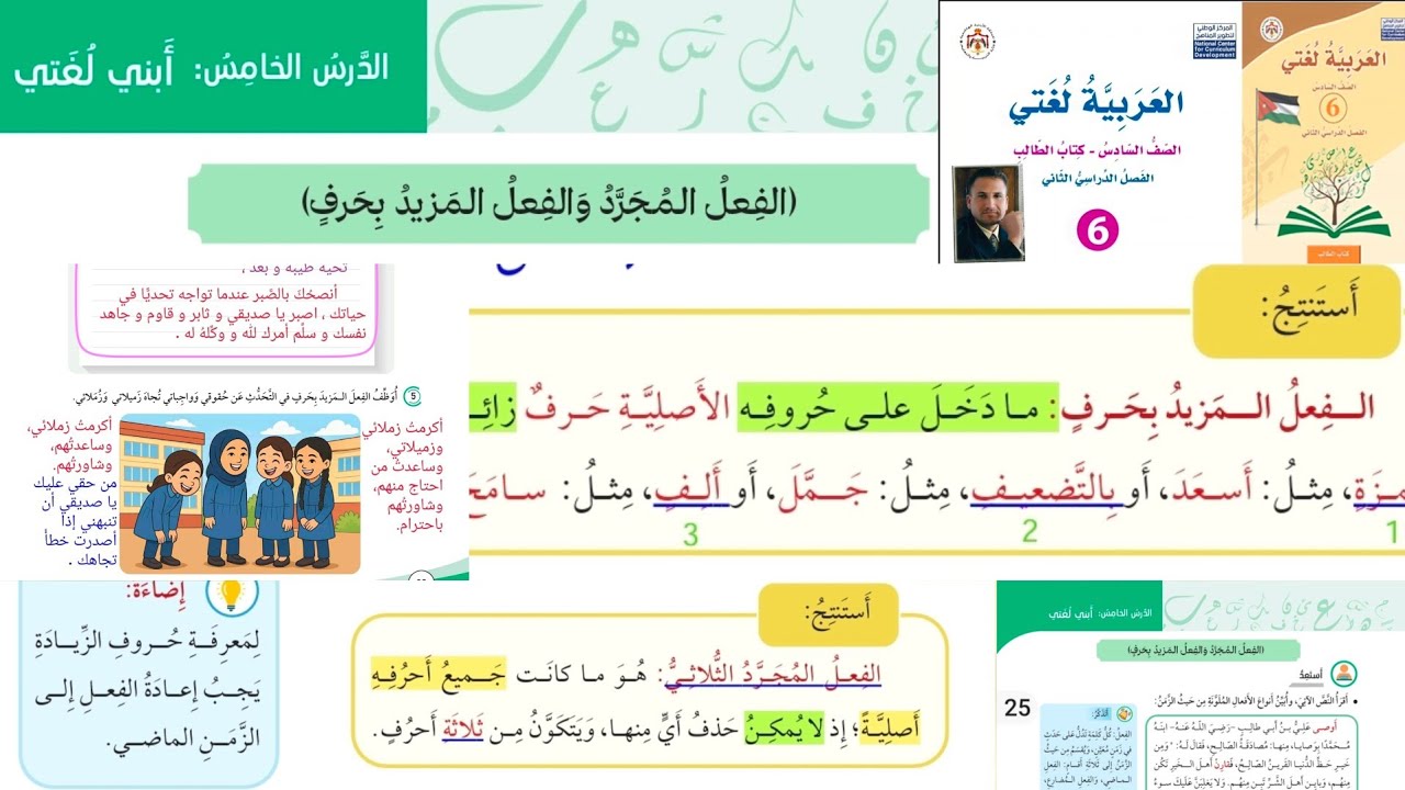 الفعل المجرد و الفعل المزيد بحرف صف سادس عربي شرح الدرس و حل الأسئلة صفحة 25/26/27/28 الوحدة السادسة