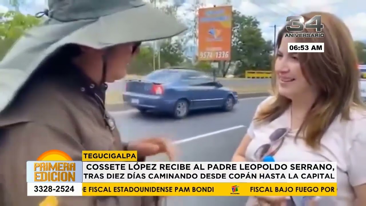Cossette López recibe al padre Leopoldo Serrano, tras 10 días caminando desde Copán hasta la capital