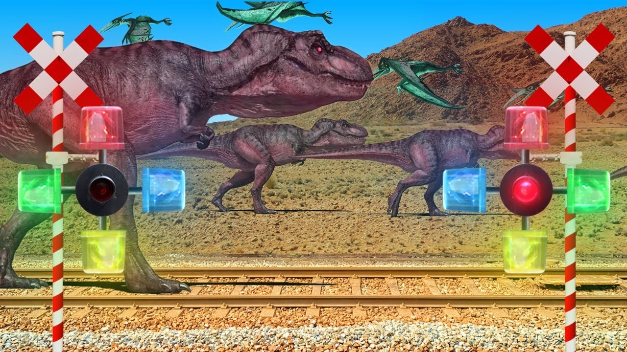 踏切カンカンと貨物列車と恐竜TREXたち