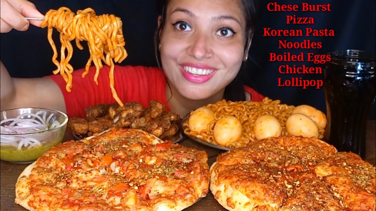 Eating 🍕Margherita Cheese Burst Pizza, Tomato Cheese Pizza, Tomato Pasta Noodles, Chicken Lolipop