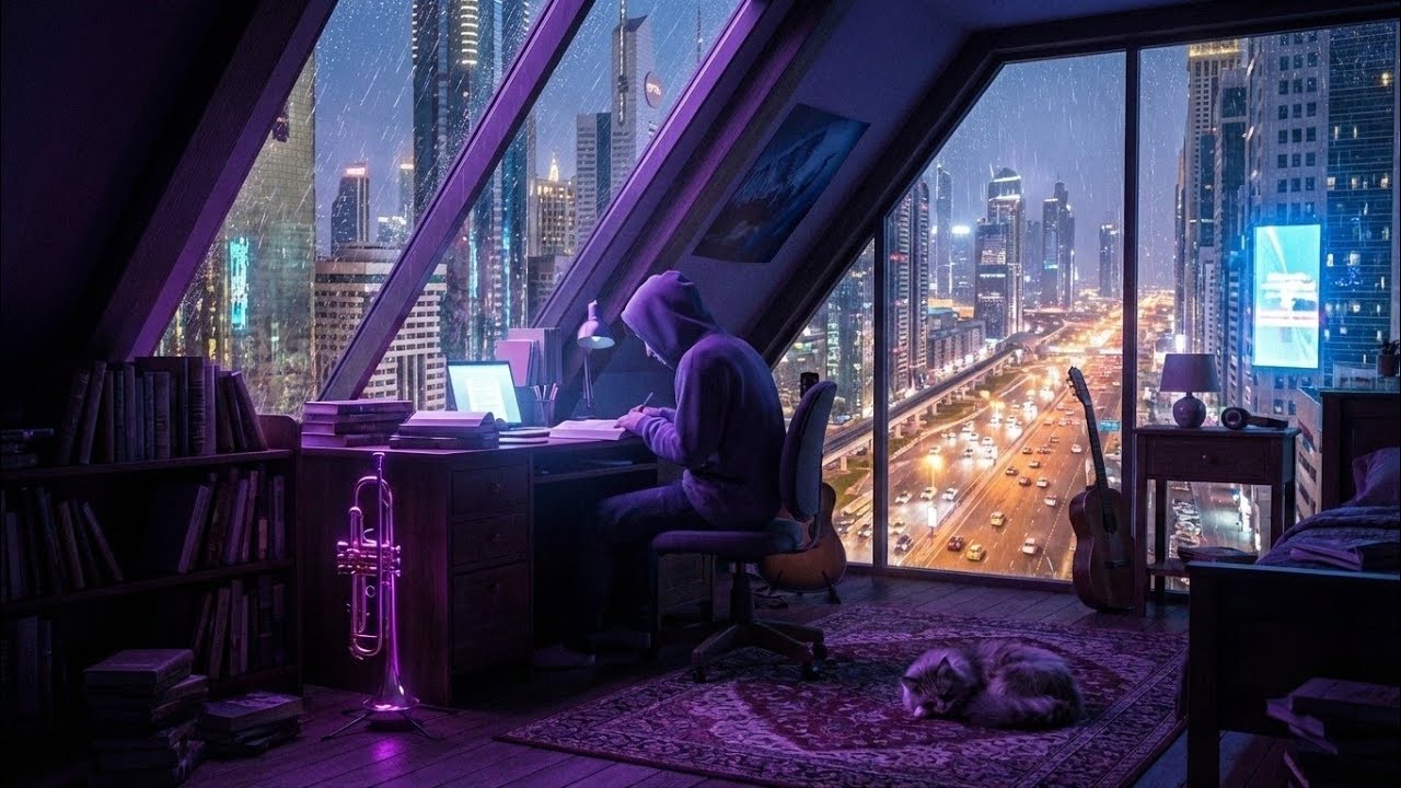  10 Hours Deep Focus 🎺 Muted Trumpet Lo-fi / Rainy Night in Purple RGB Room 🌧️ 