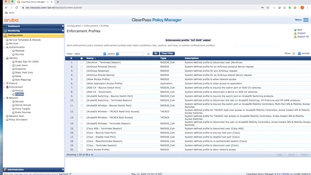 Aruba Dynamic Segmentation with Downloadable User Roles - Clearpass Configuration