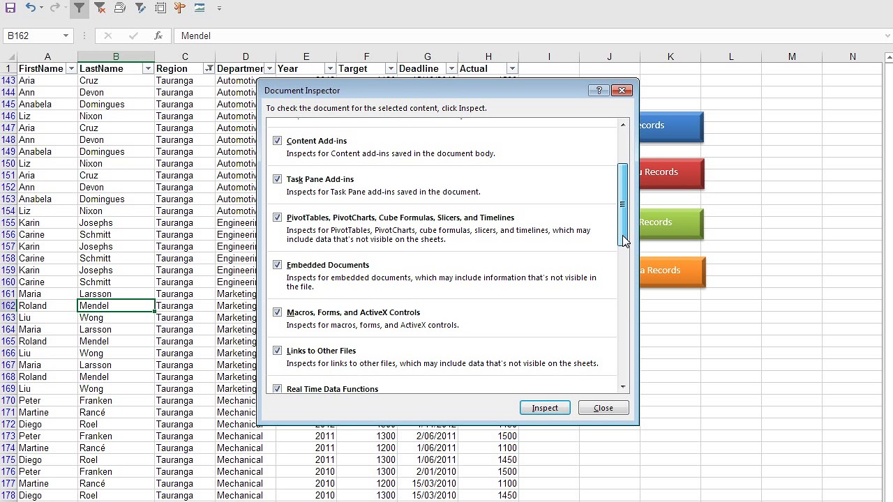 Microsoft Excel Document Inspector