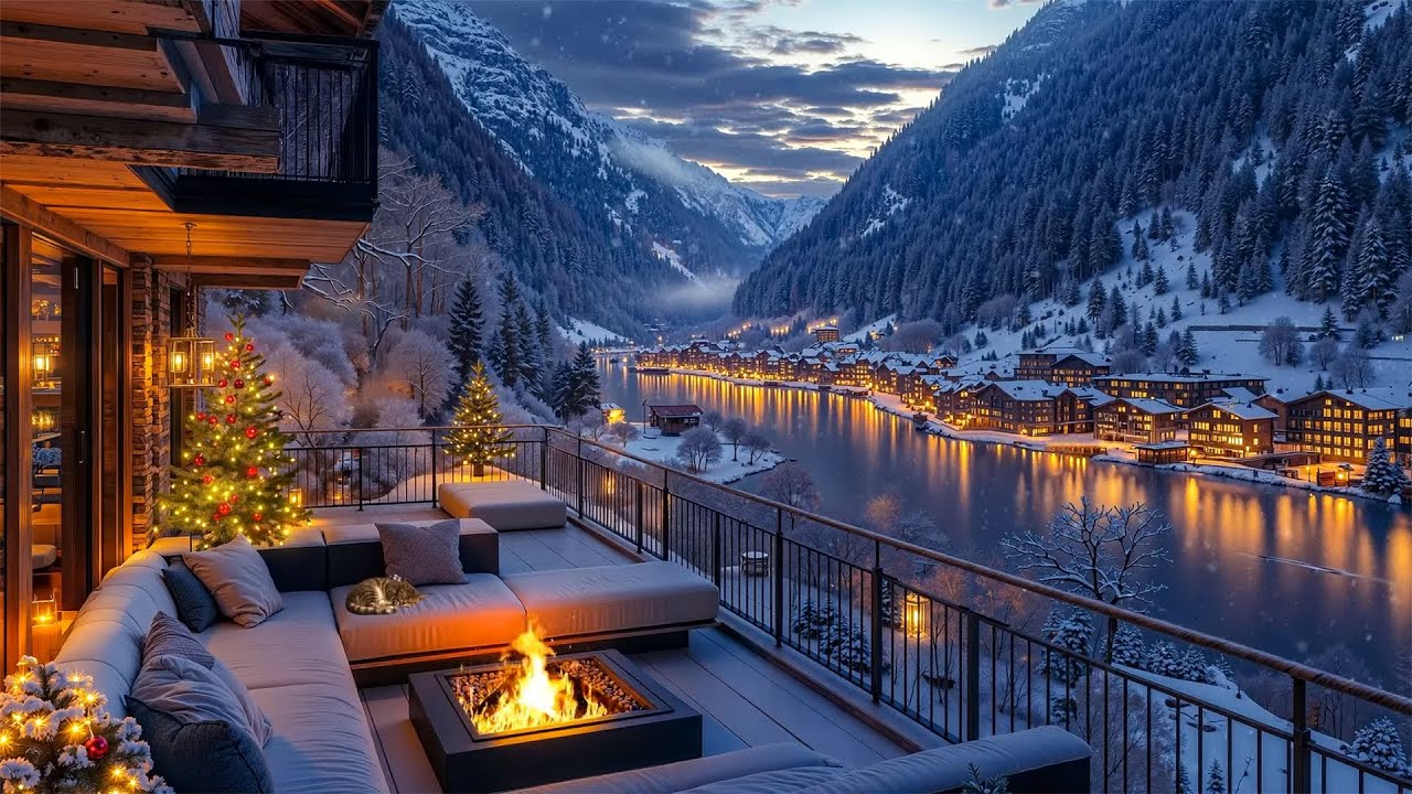 Warm Winter Terrace❄️Smooth Jazz, Snowfall, and a Fireplace Glow for Relaxing Christmas Nights🎅