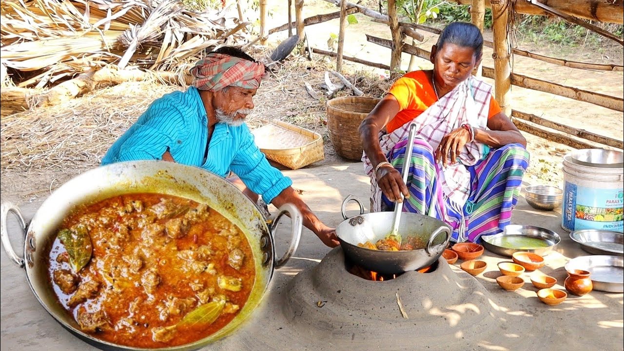MUTTON CURRY cooking by our santali tribe grandma for eating at lunch || mutton recipe