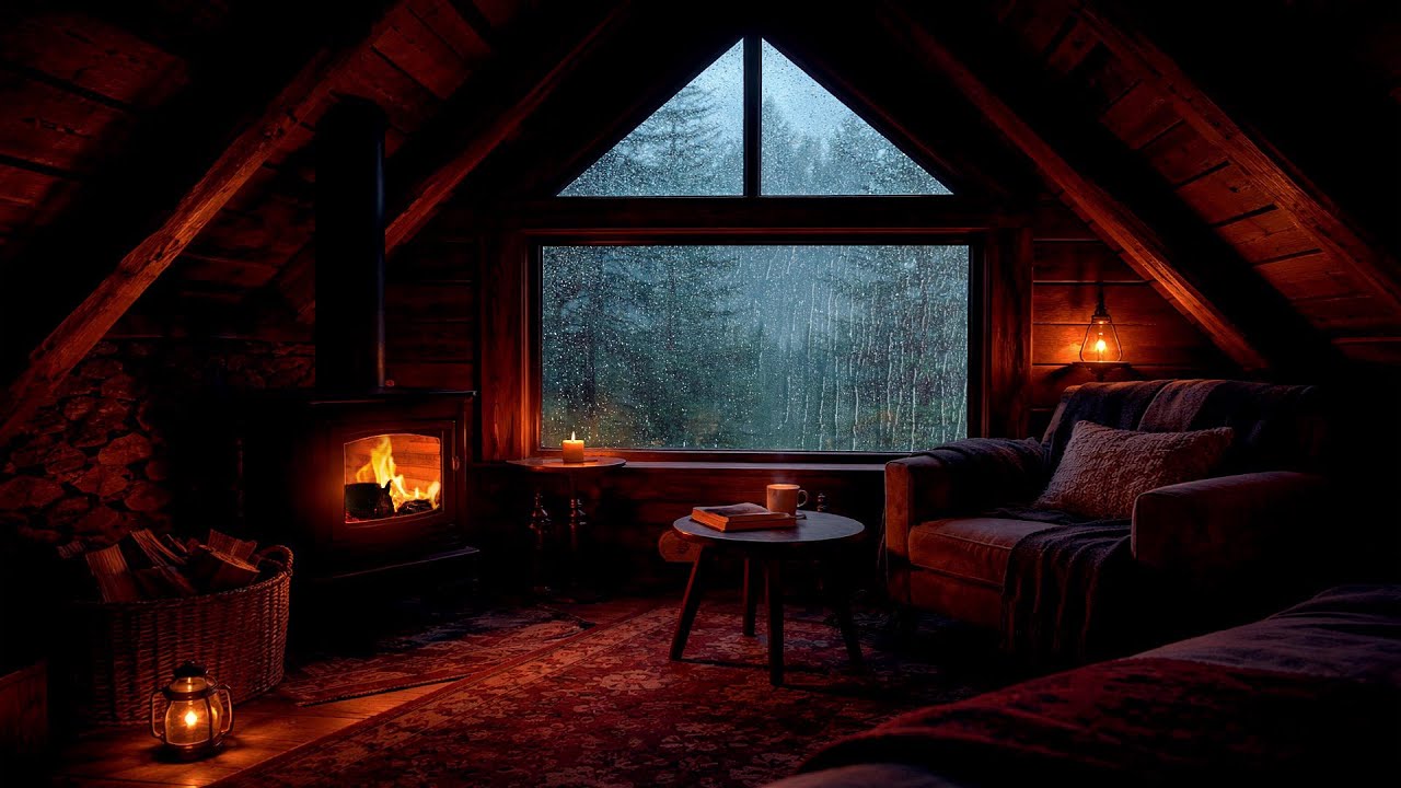 Heavy Rain and Crackling Fireplace in a Cozy Cabin | 3 Hours for Deep Sleep - Rainy Day Healing