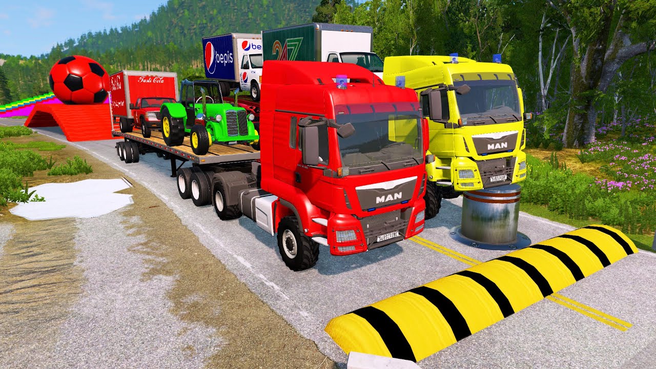 Double Flatbed Trailer Truck vs Speedbumps Train vs Cars Beamng.Drive 87