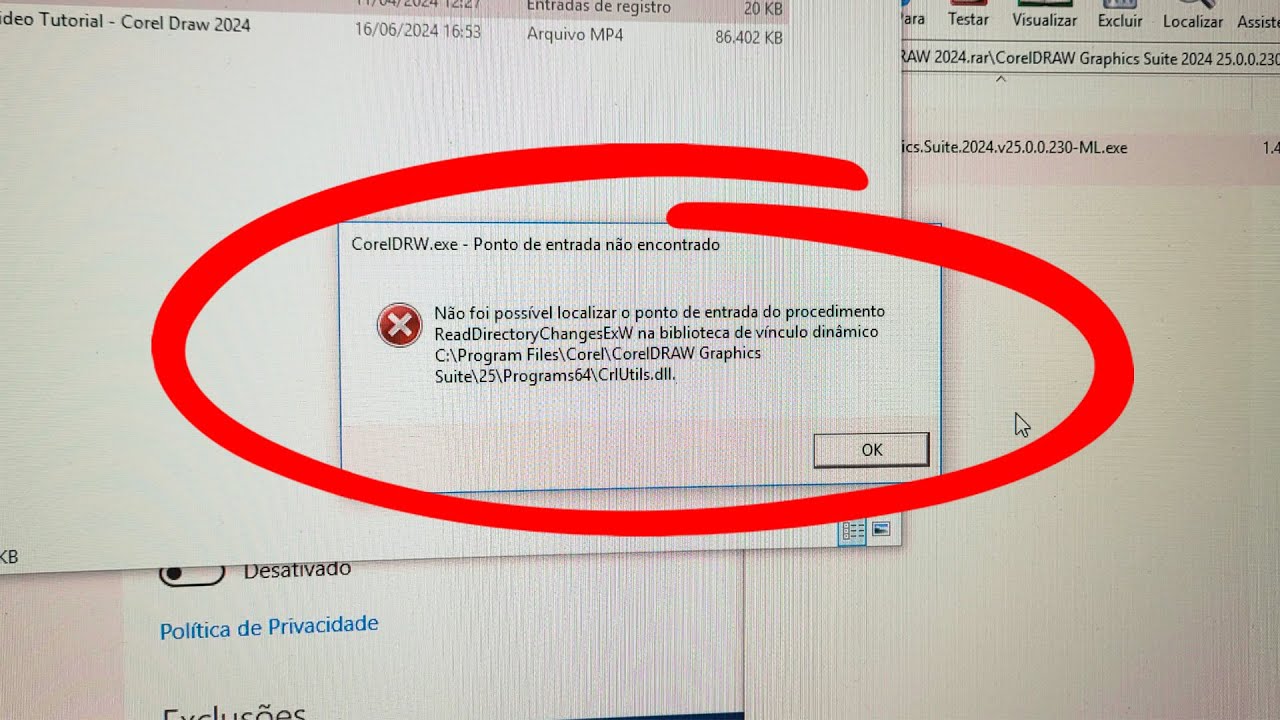 Não foi possível localizar ponto de entrada do procedimento [Erro DLL, Corel Draw, Visual C++ Redis]