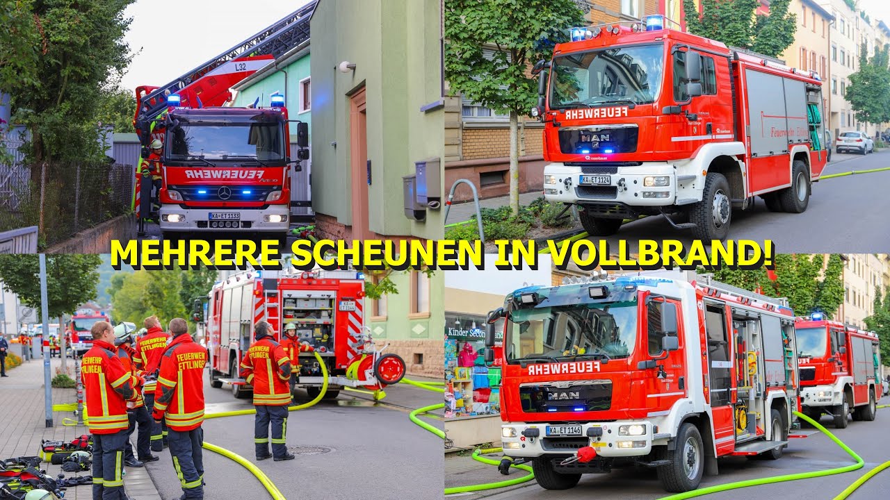 [SCHEUNEN IN VOLLBRAND] FEUERWEHR ETTLINGEN IM GROSSEINSATZ ~ ENGE BEBAUUNG SORGT FÜR LANGEN EINSATZ