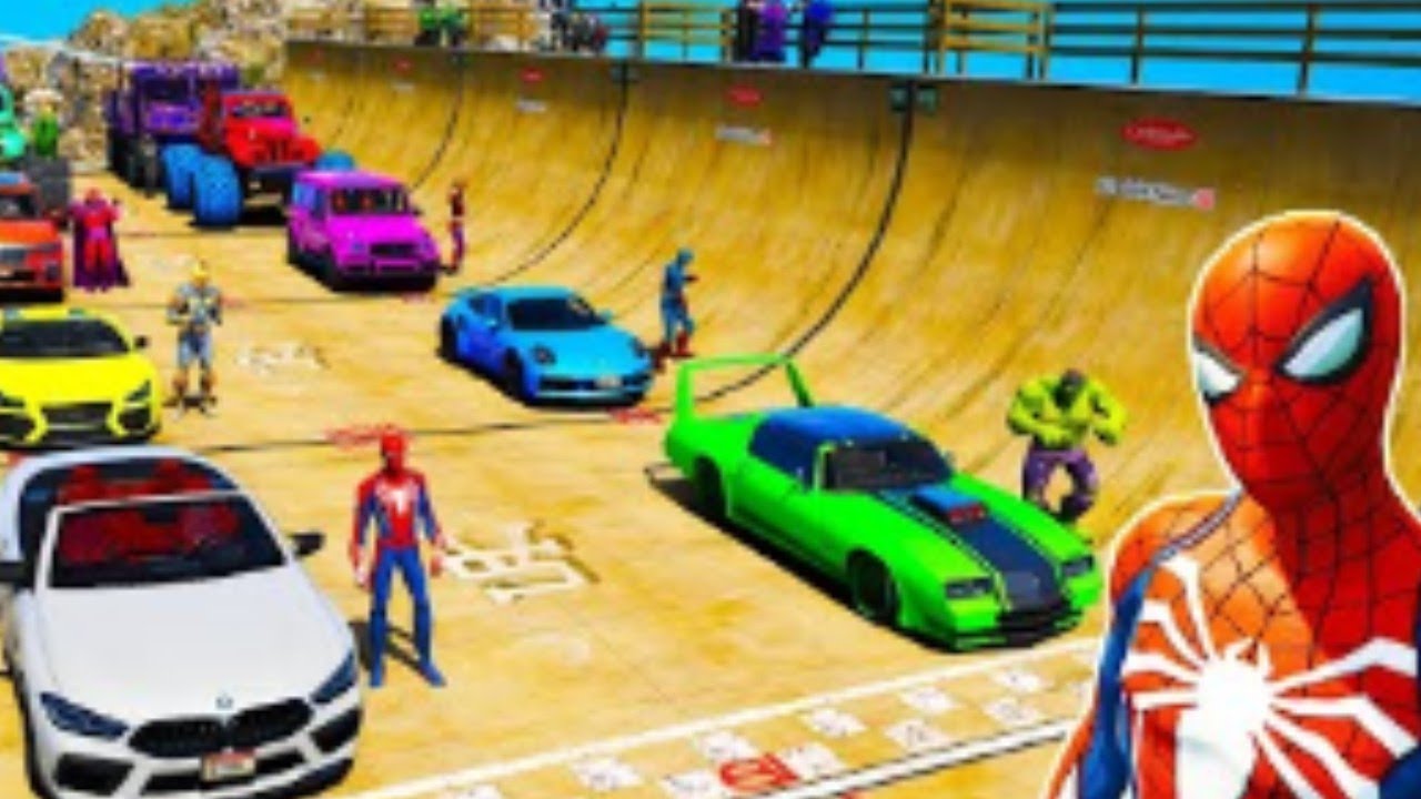 SPIDERMAN CARS Monster Trucks Mega Rampa Challenge ! SUPERHERO HULK Iron Man Goku Racing - GTA V