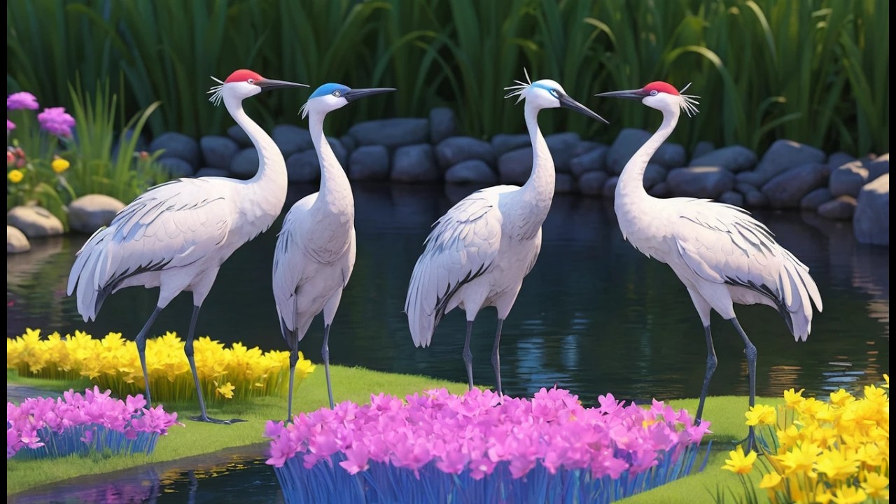 Cinq petites grues picorent, picorent | Chansons d'oiseaux et comptines pour enfants