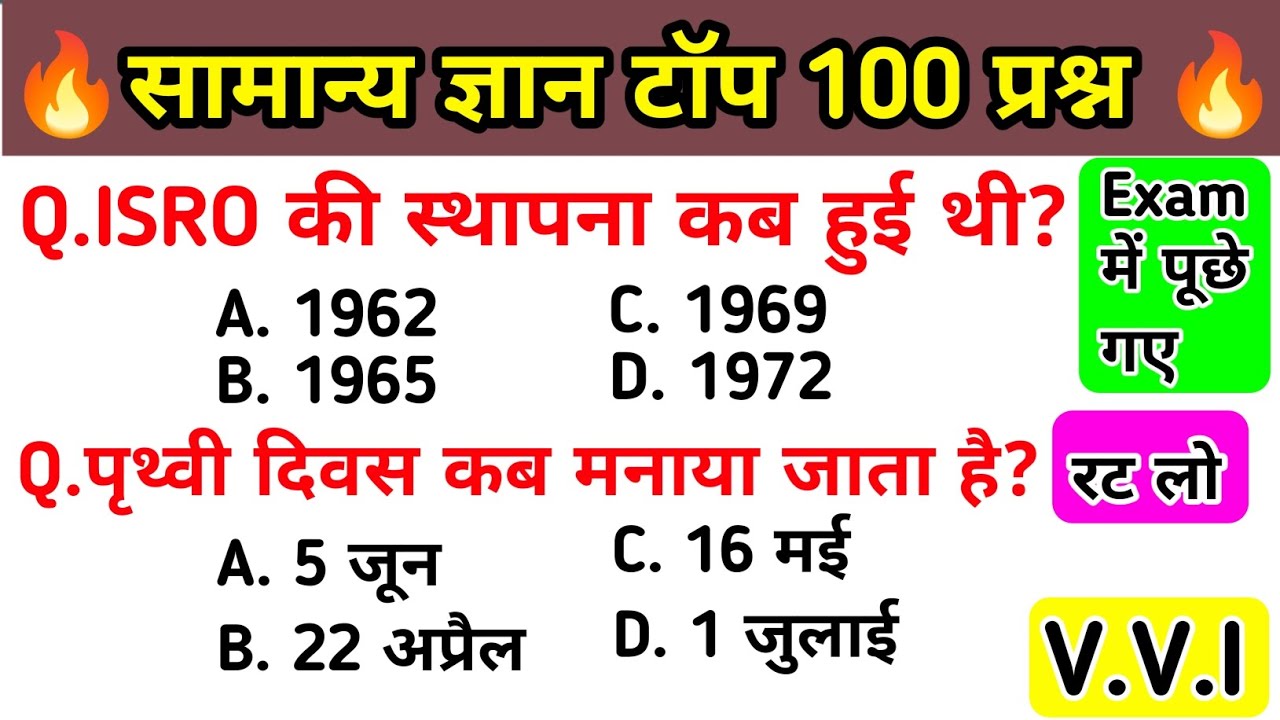 सामान्य ज्ञान | General Knowledge | Top 100 GK/GS Questions | SSC GD, MTS, RPF, CRPF | GK Quiz Hindi