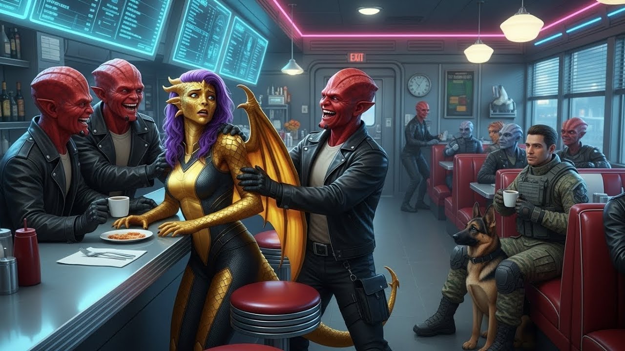 Alien Thugs Bully Dragon-Woman Waitress — Human Soldier Steps In With His Loyal Dog | HFY Sci-Fi