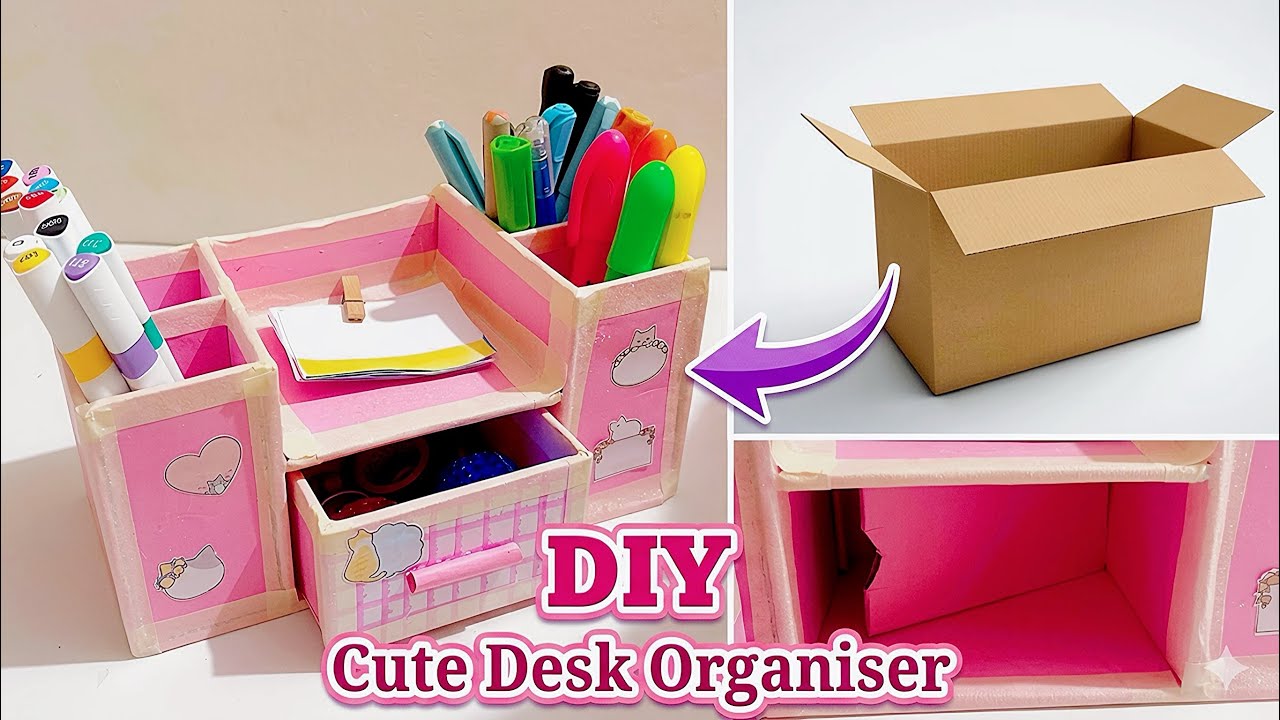 DIY organizer with secret compartment | cardboard desk organizer 