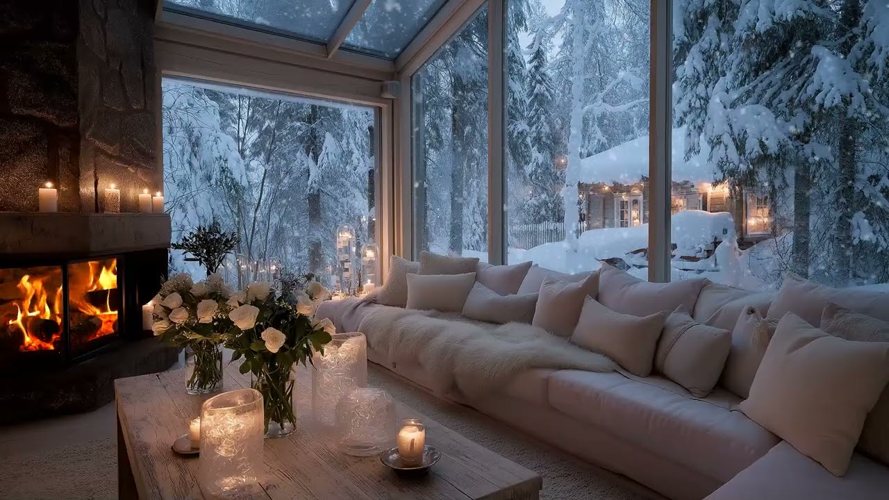 ❄️Cozy Piano Music | Candlelit Lounge with Fireplace & Snow| 3 Hours Stress Relief Study Relax Sleep