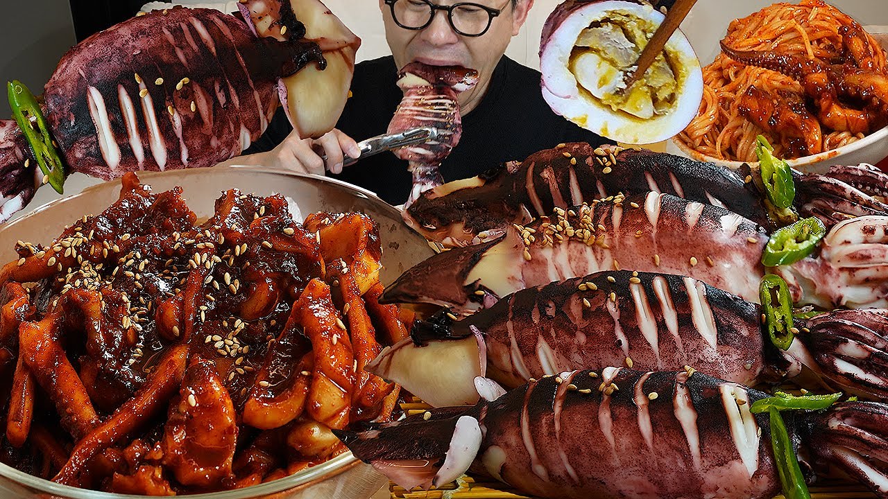ASMR MUKBANGㅣSteamed Squid & Stir-fried squid NoodlesㅣEATING SHOW