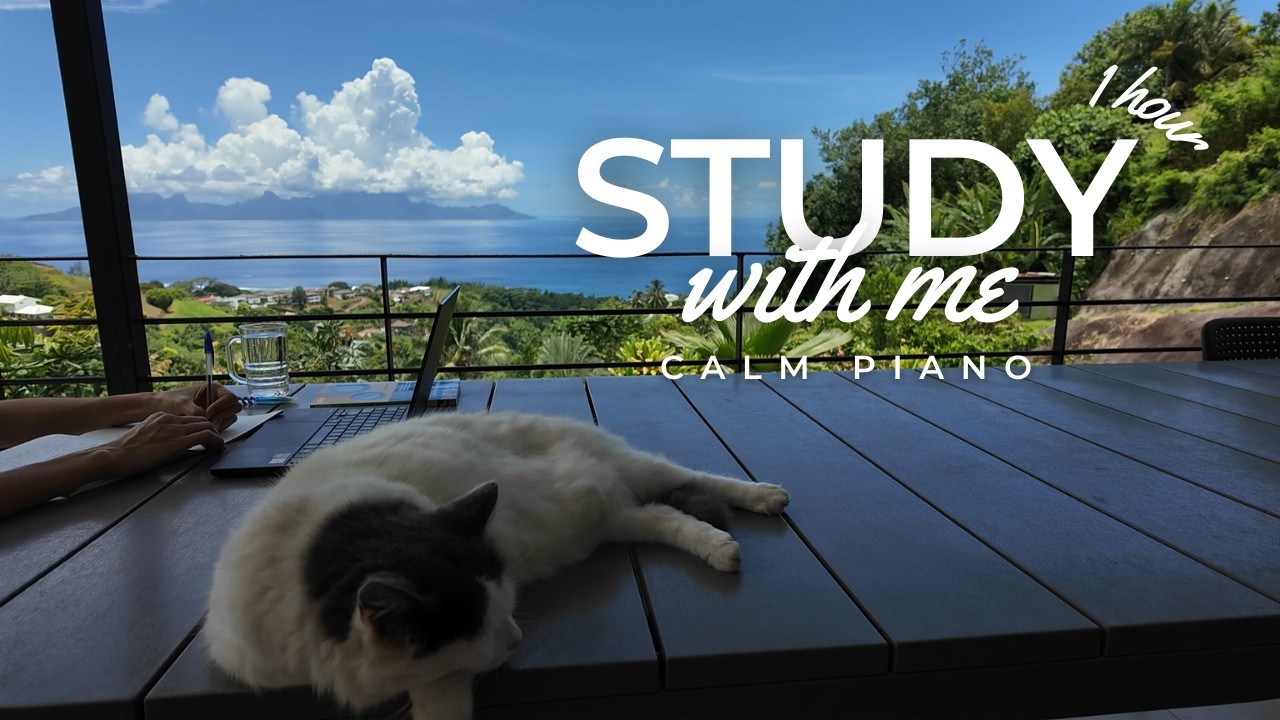 1-HOUR STUDY WITH ME on an island 🎹 Calm Piano 🏃‍♀️ No Breaks