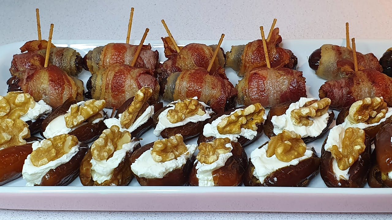 DÁTILES CON BACON Y DÁTILES RELLENOS DE QUESO CREMA CON NUECES. Dos aperitivos fáciles y buenísimos!