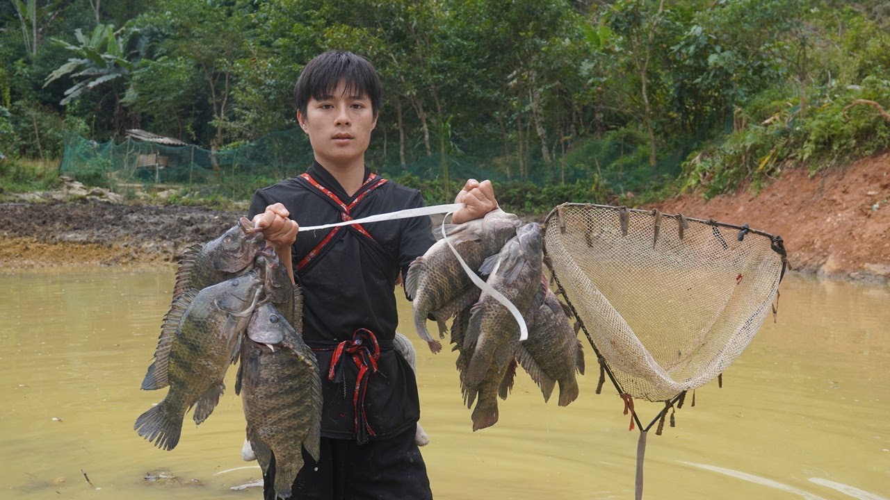 Khoa caught a large school of fish in the pond and took them to the market to sell.